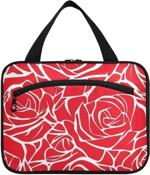 Red Rose Flowers Line Drawing hanging mens travel bag with hook, designer compact quilted makeup bag for travel accessories for women travel organizador de maquillaje para L
