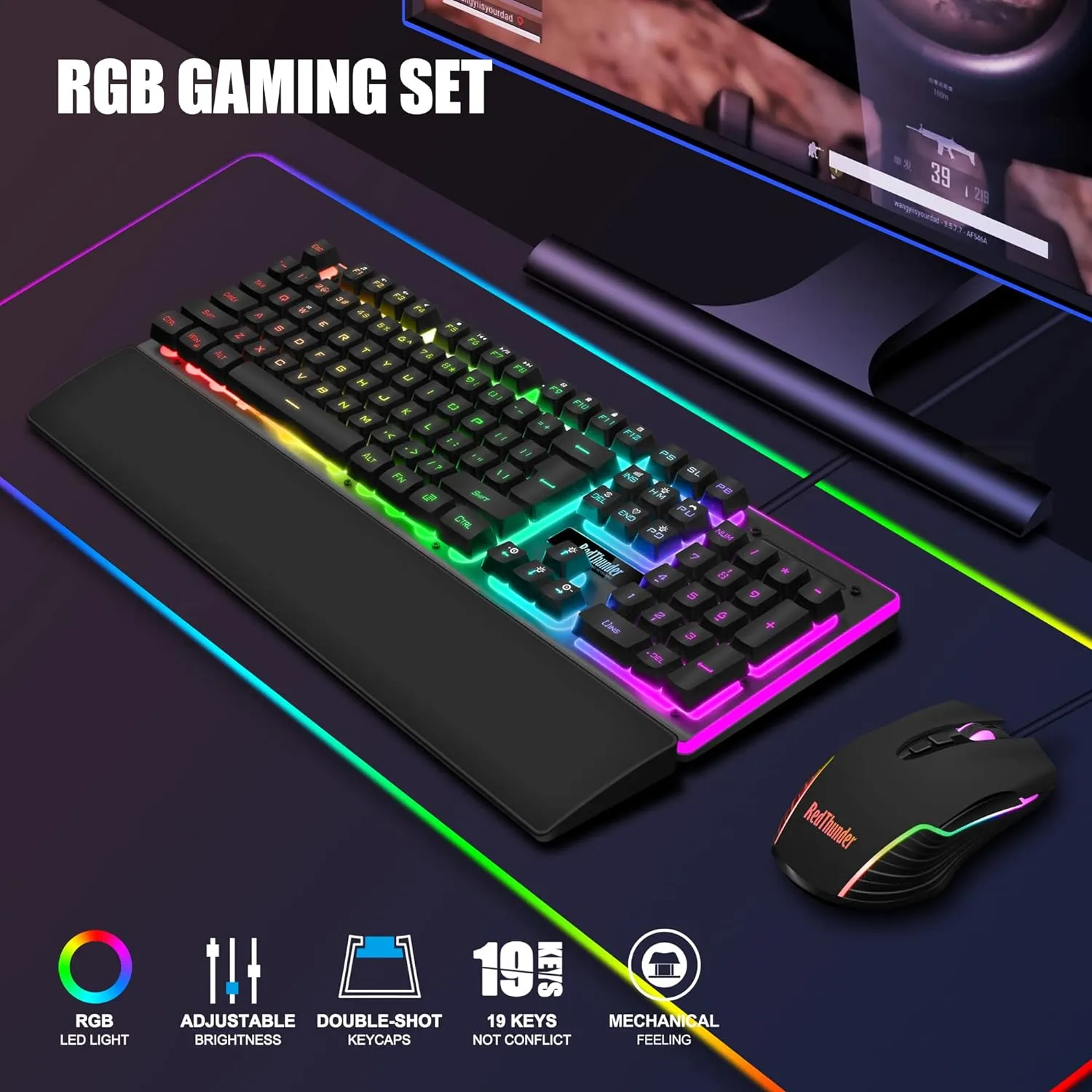 RedThunder K10 Wired Gaming Keyboard and Mouse and Wrist Rest Combo, RGB Backlit, Mechanical Feel Anti-ghosting Keyboard   7D 7200 DPI Mice Soft Leather Wrist Rest 3 in 1 PC Gamer Accessories(Black)