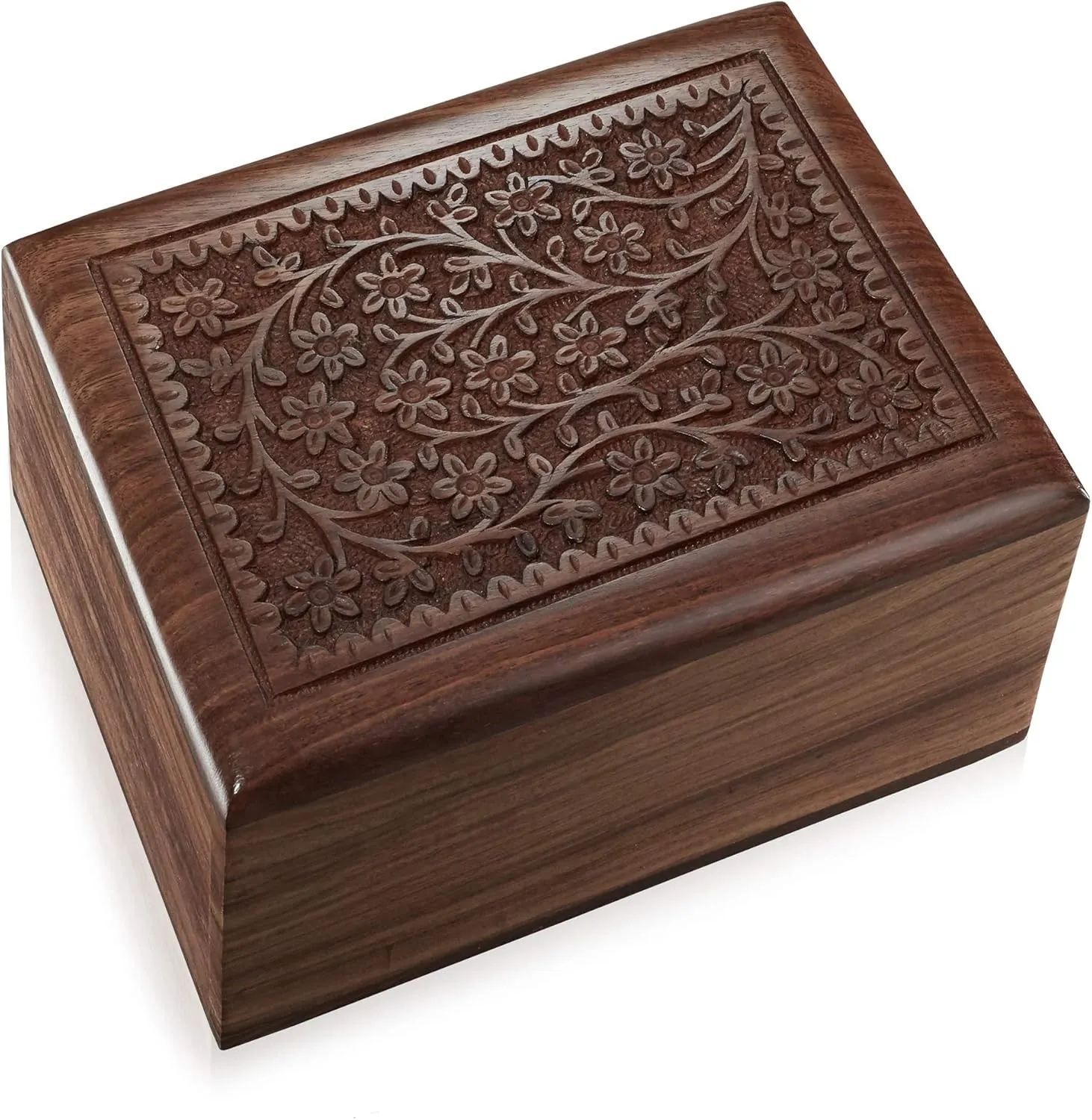 Reminded Rosewood Hand-Carved Floral Urn Box - Cremation Memorial with Velvet Bag - Medium
