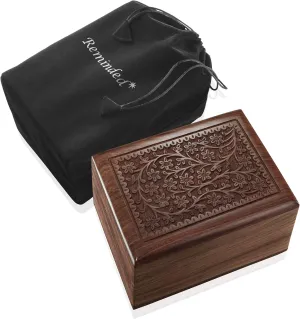 Reminded Rosewood Hand-Carved Floral Urn Box - Cremation Memorial with Velvet Bag - Medium