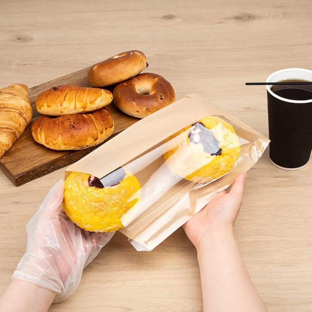 Restaurantware Bag Tek 6" x 2.5" x 10" Paper Bags For Snacks 100 Medium Paper Bread Bags - Disposable With Side Window Paper Kraft Snack Bags For Popcorn Cookies Fries And More