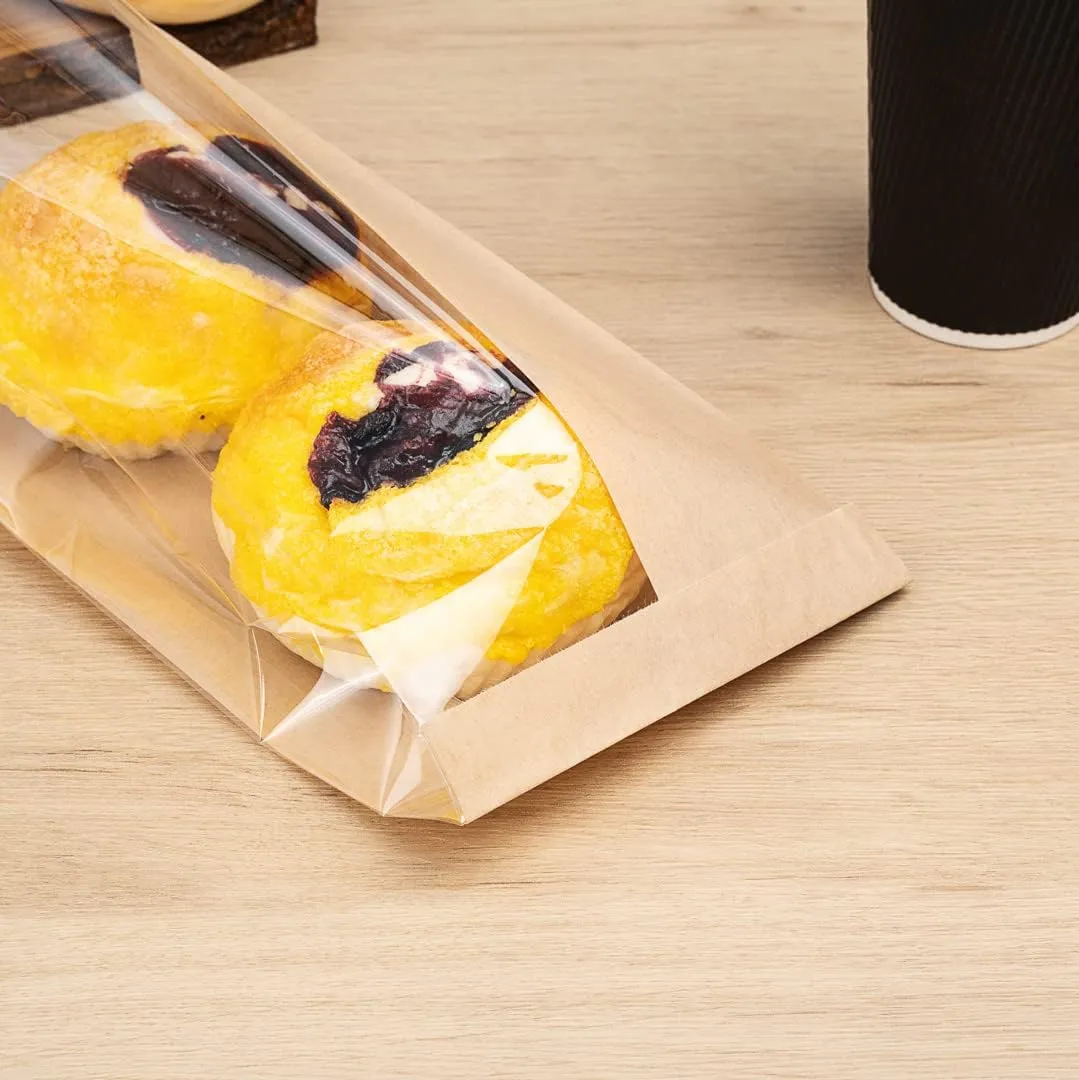 Restaurantware Bag Tek 6" x 2.5" x 10" Paper Bags For Snacks 100 Medium Paper Bread Bags - Disposable With Side Window Paper Kraft Snack Bags For Popcorn Cookies Fries And More
