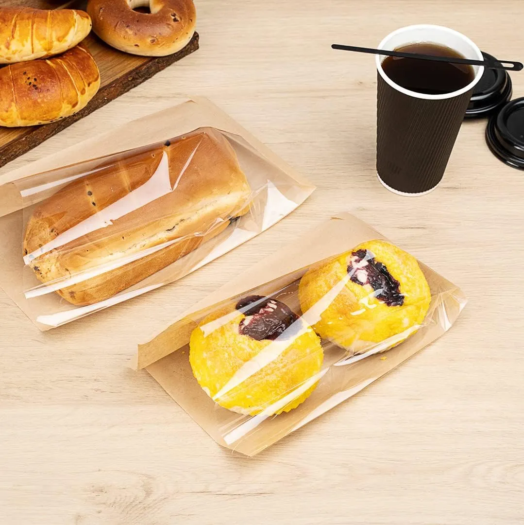 Restaurantware Bag Tek 6" x 2.5" x 10" Paper Bags For Snacks 100 Medium Paper Bread Bags - Disposable With Side Window Paper Kraft Snack Bags For Popcorn Cookies Fries And More