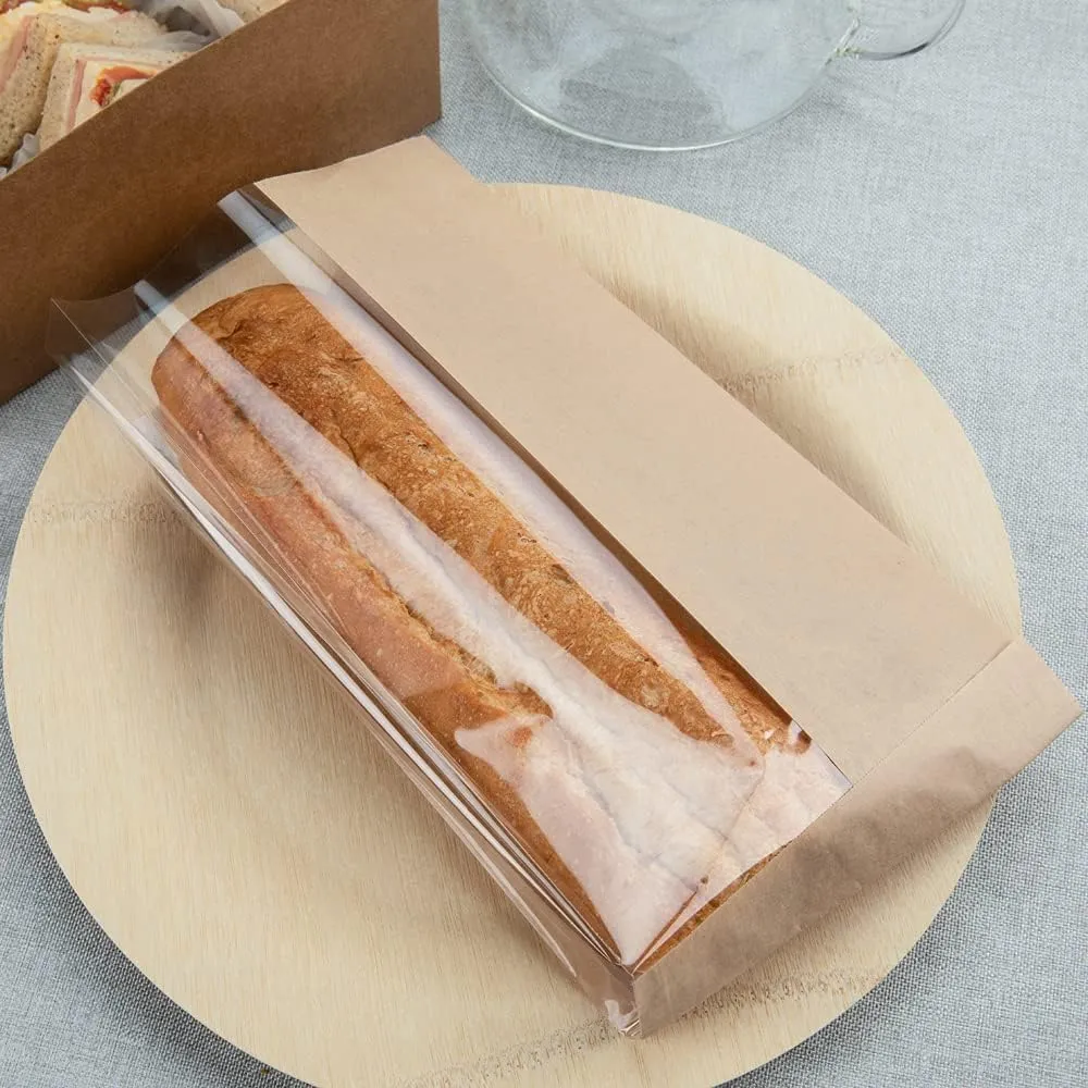 Restaurantware Bag Tek 6" x 2.5" x 10" Paper Bags For Snacks 100 Medium Paper Bread Bags - Disposable With Side Window Paper Kraft Snack Bags For Popcorn Cookies Fries And More