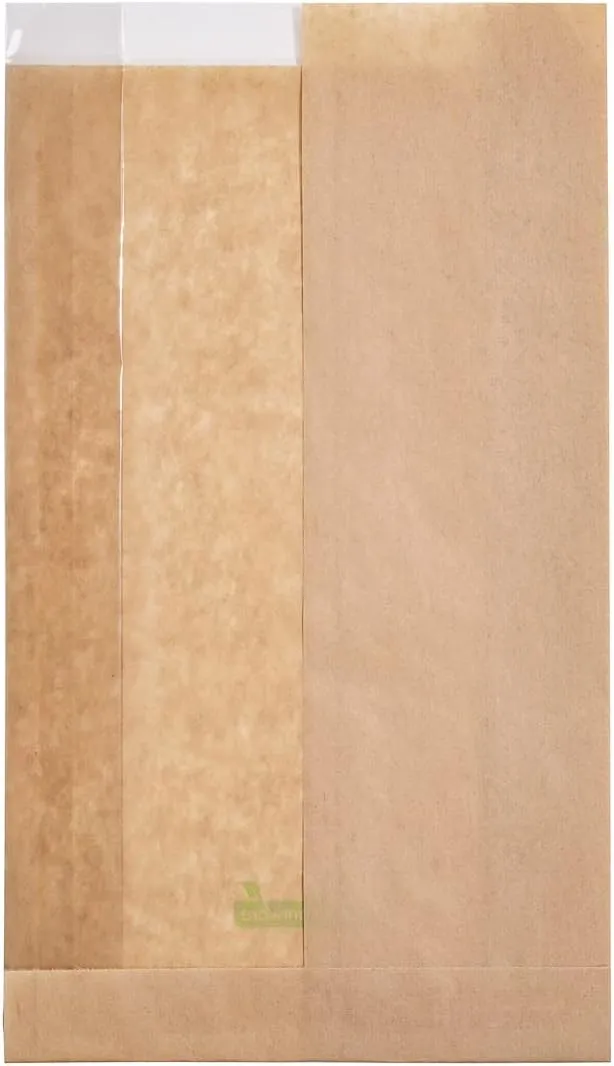 Restaurantware Bag Tek 6" x 2.5" x 10" Paper Bags For Snacks 100 Medium Paper Bread Bags - Disposable With Side Window Paper Kraft Snack Bags For Popcorn Cookies Fries And More