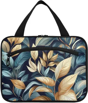 Retro Dark Green Gold Leaves Pattern Feather-shaped hanging travel bag with hanging with hook, designer accessories medicine bags for adults toilet estuches para maquillaje M