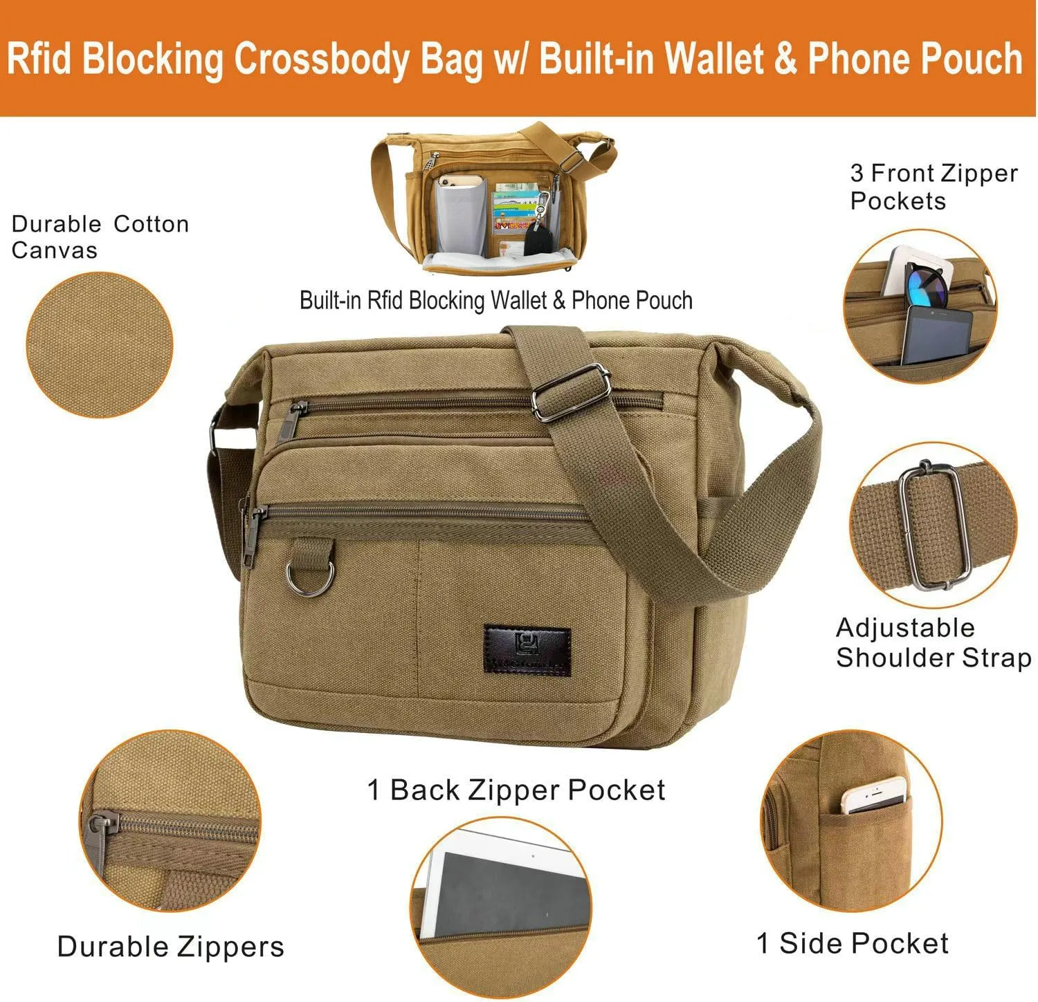 Rfid Crossbody Messenger Bag with Water Bottle Holders, 13 inch Laptop Shoulder Bag, Sling Satchel Purse w/Built-in Wallet