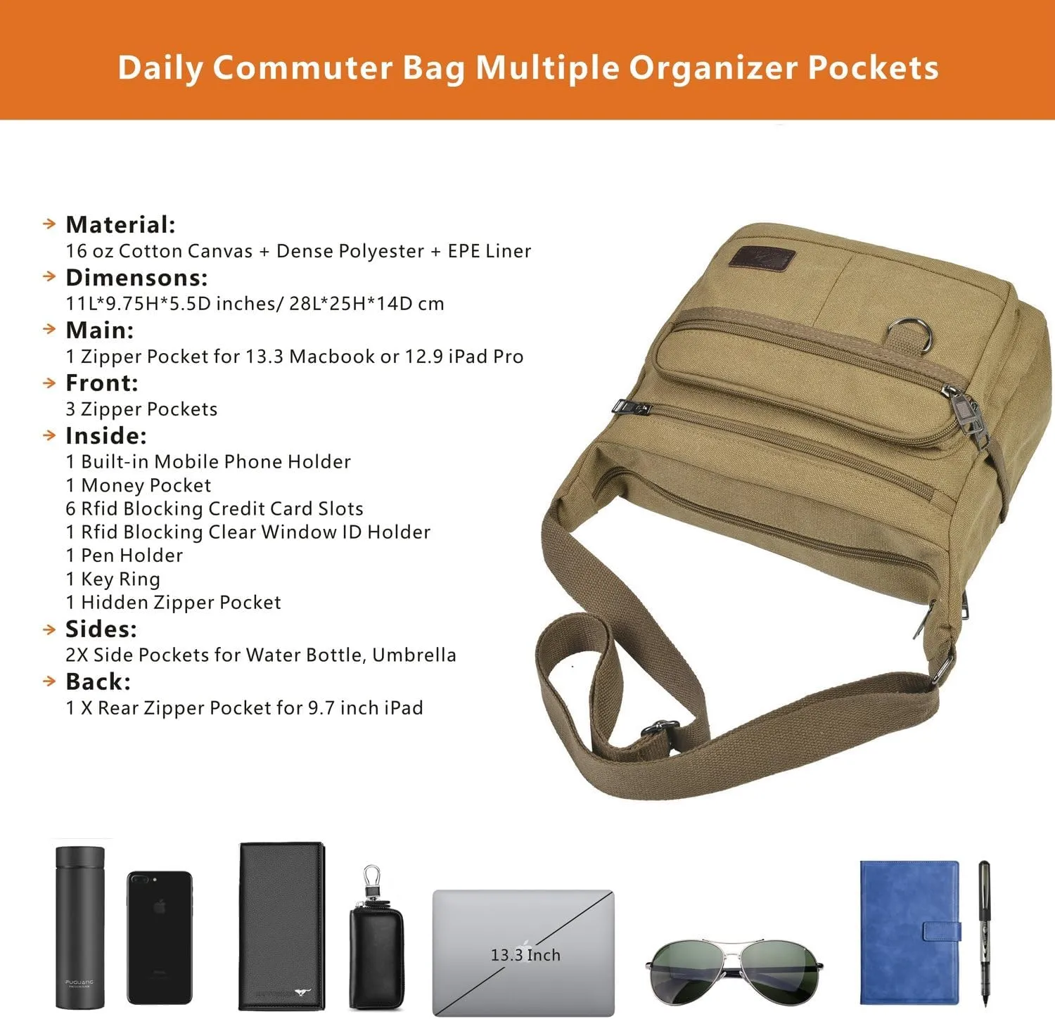 Rfid Crossbody Messenger Bag with Water Bottle Holders, 13 inch Laptop Shoulder Bag, Sling Satchel Purse w/Built-in Wallet