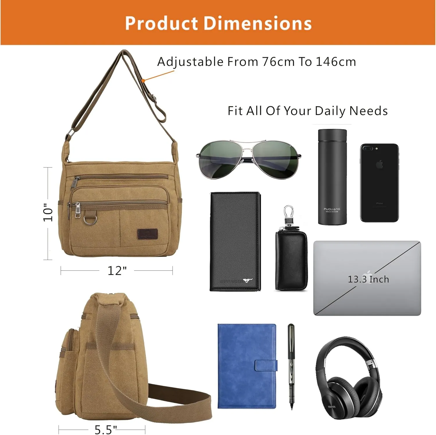 Rfid Crossbody Messenger Bag with Water Bottle Holders, 13 inch Laptop Shoulder Bag, Sling Satchel Purse w/Built-in Wallet
