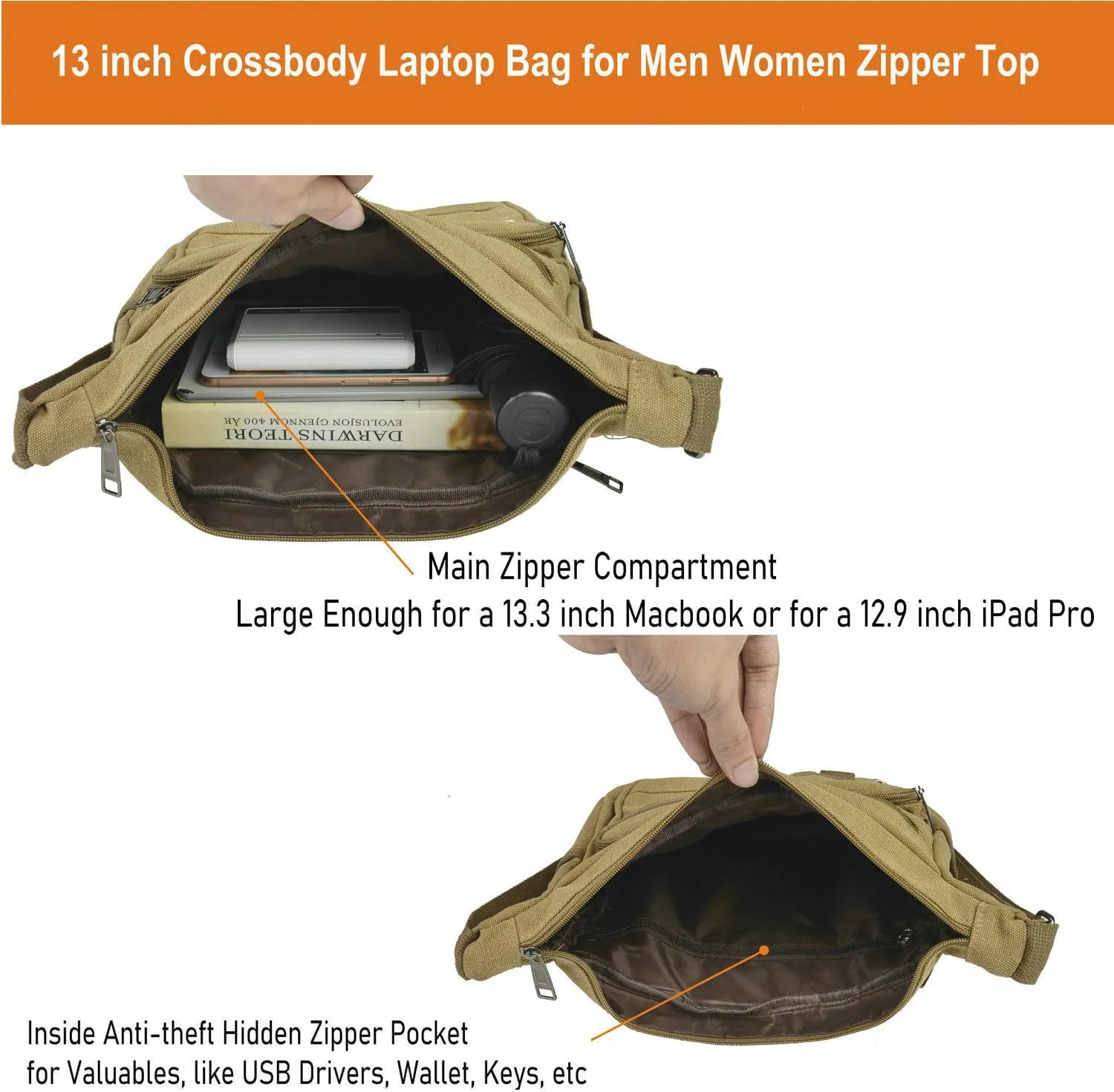 Rfid Crossbody Messenger Bag with Water Bottle Holders, 13 inch Laptop Shoulder Bag, Sling Satchel Purse w/Built-in Wallet