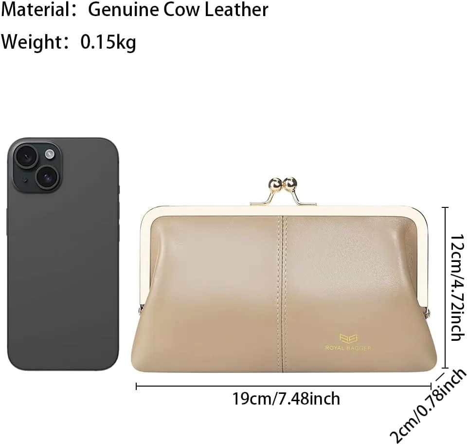 RFID Kiss Lock Wallet, Solid Color Multi-card Slots Card Holder, Genuine Leather Clutch Purses for Women 1468 (Black (2468))