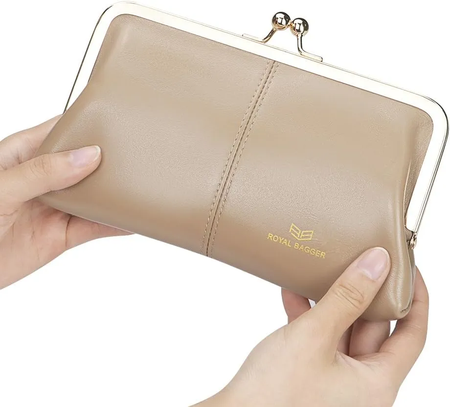 RFID Kiss Lock Wallet, Solid Color Multi-card Slots Card Holder, Genuine Leather Clutch Purses for Women 1468 (Black (2468))