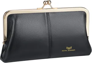 RFID Kiss Lock Wallet, Solid Color Multi-card Slots Card Holder, Genuine Leather Clutch Purses for Women 1468 (Black (2468))