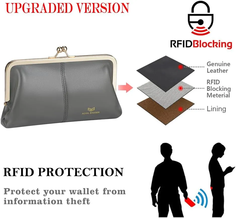 RFID Kiss Lock Wallet, Solid Color Multi-card Slots Card Holder, Genuine Leather Clutch Purses for Women 1468 (Black (2468))