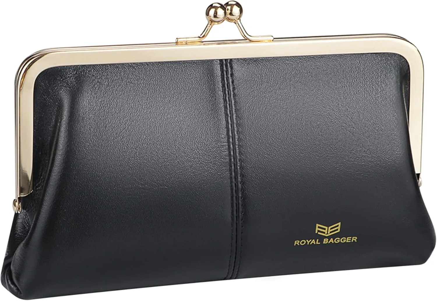 RFID Kiss Lock Wallet, Solid Color Multi-card Slots Card Holder, Genuine Leather Clutch Purses for Women 1468 (Black (2468))