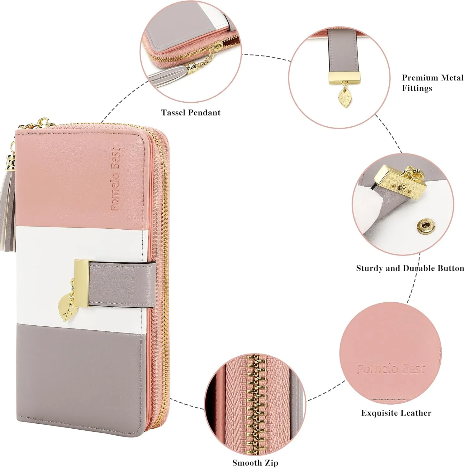RFID Wallets for Women with Multiple Card Slots and Cellphone Compartment, Womens Wallet (pink/white/grey)