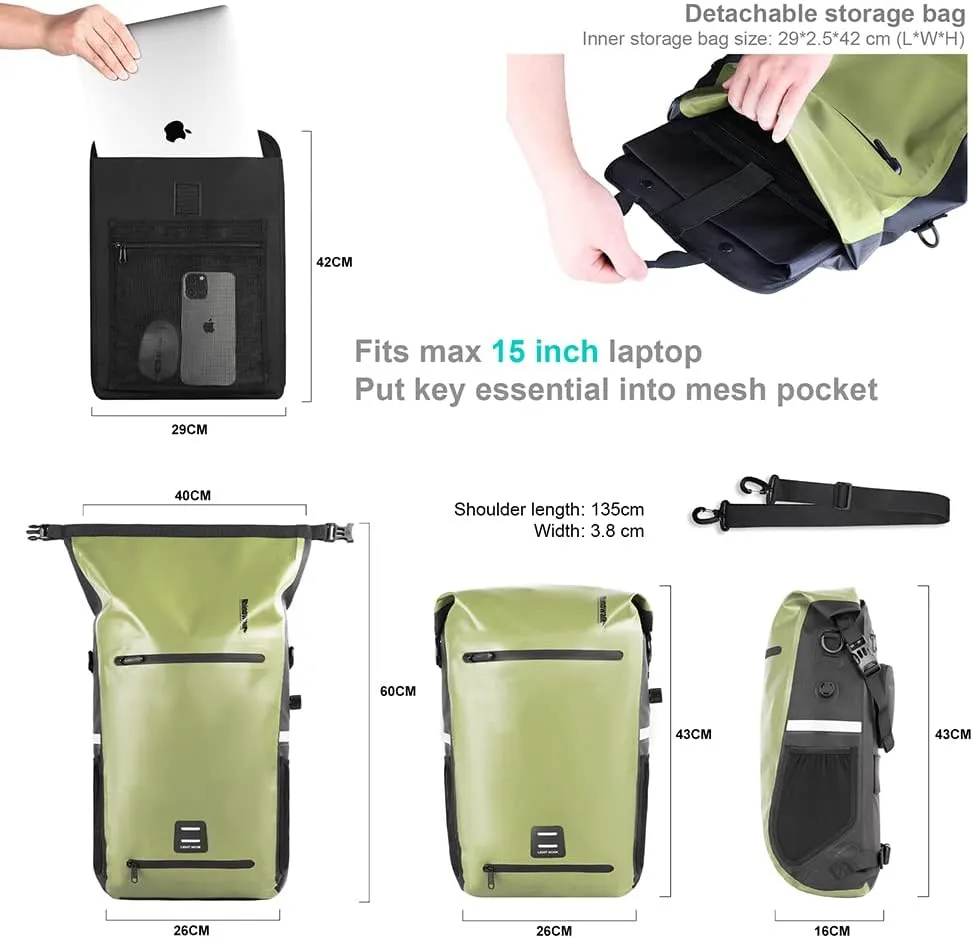 Rhinowalk Bike Pannier Bag 22L Waterproof Bicycle Bag Motor Pannier Backpack Shoulder Bag Laptop Pannier Travel Bag Professional Cycling Accessories