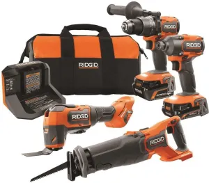 RIDGID 18V Brushless 4 Tool Combo Kit - 4pc Hammer Drill, Impact Driver, Recip Saw, Multi-Tool, 2 MAX Output Batteries, Charger, & Bag - 18V Lithium-Ion Battery, 2000mAh & 4000mAh