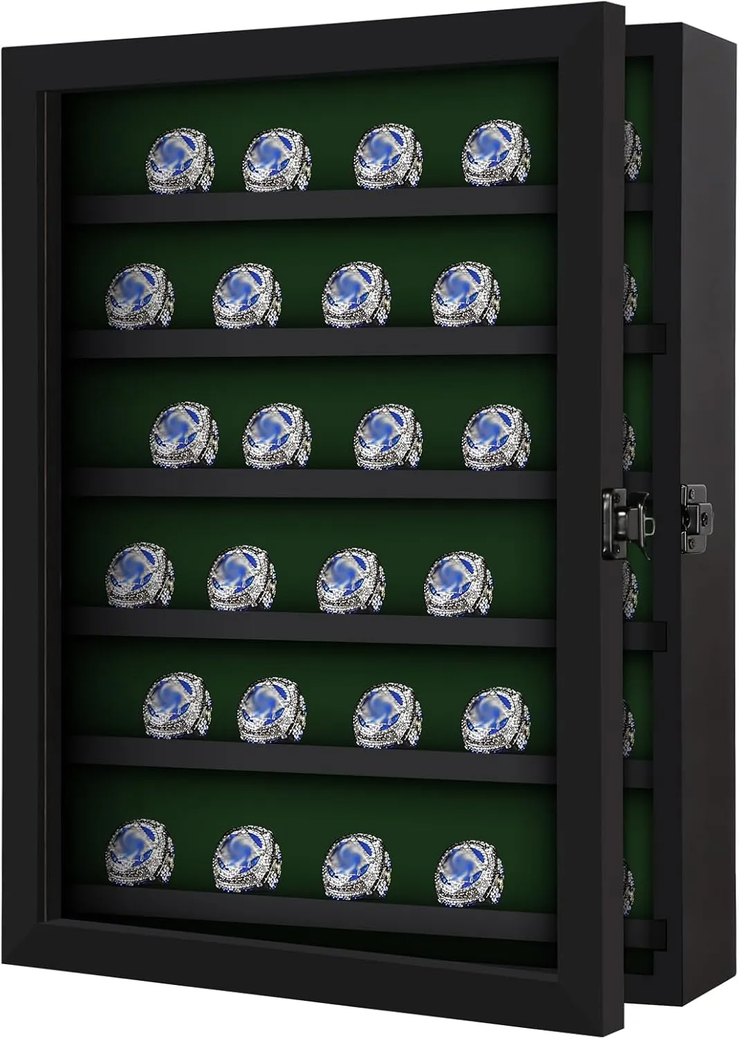 Ring Display Case - 30 Posts Baseball, Wooden Shadow Box, Lockable Door, Multiple Sports Rings, Black