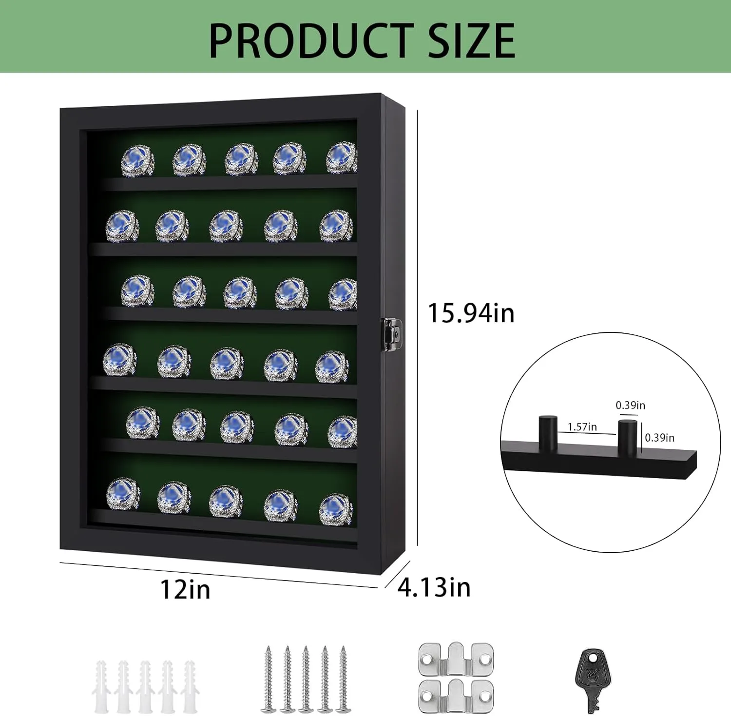 Ring Display Case - 30 Posts Baseball, Wooden Shadow Box, Lockable Door, Multiple Sports Rings, Black