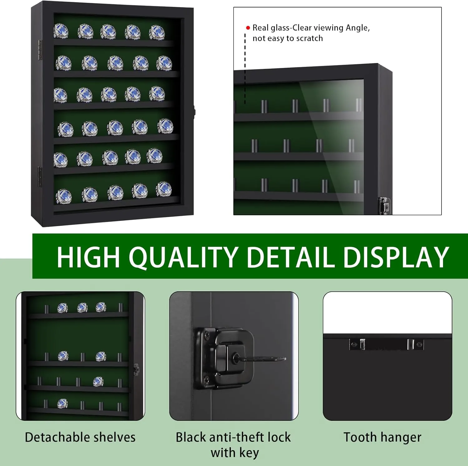 Ring Display Case - 30 Posts Baseball, Wooden Shadow Box, Lockable Door, Multiple Sports Rings, Black