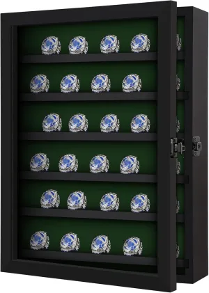 Ring Display Case - 30 Posts Baseball, Wooden Shadow Box, Lockable Door, Multiple Sports Rings, Black
