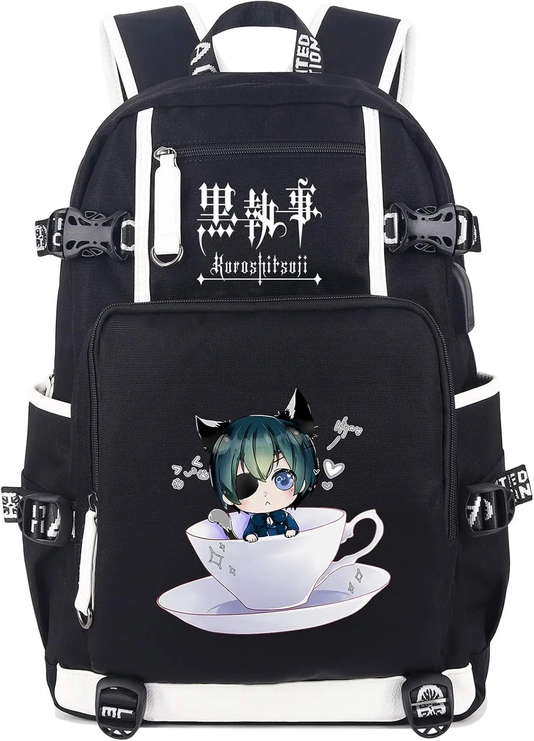 Roffatide Anime Black Butler Backpack Book Bag Laptop School Bag with USB Charging Port And Headphone Port