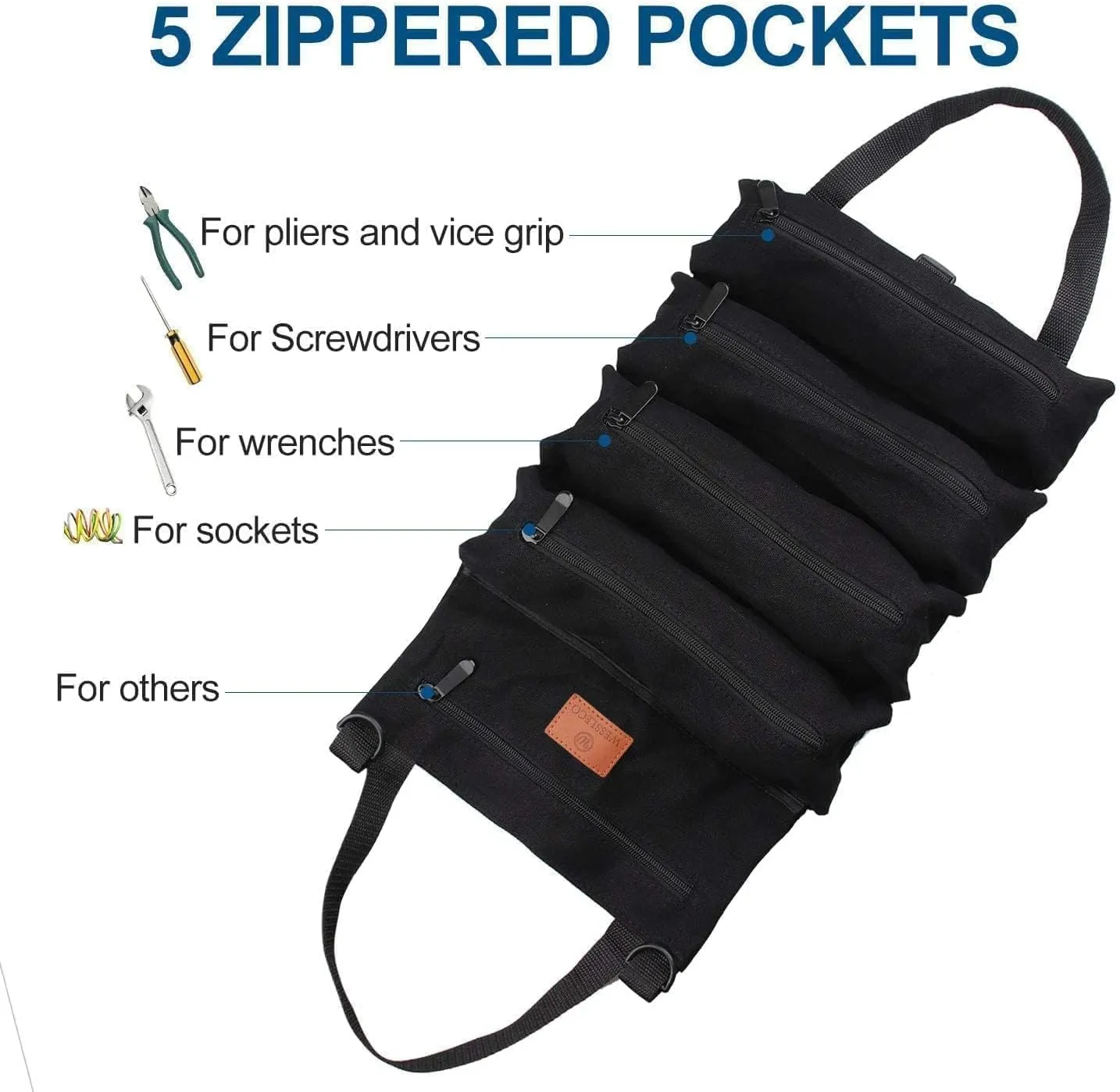 Roll Up Tool Bag, 16OZ Canvas Wrench Roll Up Pouch Multi-Purpose Tool Roll Organize, 5 Zippered Tool Pockets (Black)