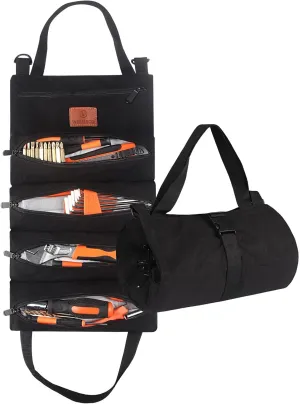 Roll Up Tool Bag, 16OZ Canvas Wrench Roll Up Pouch Multi-Purpose Tool Roll Organize, 5 Zippered Tool Pockets (Black)
