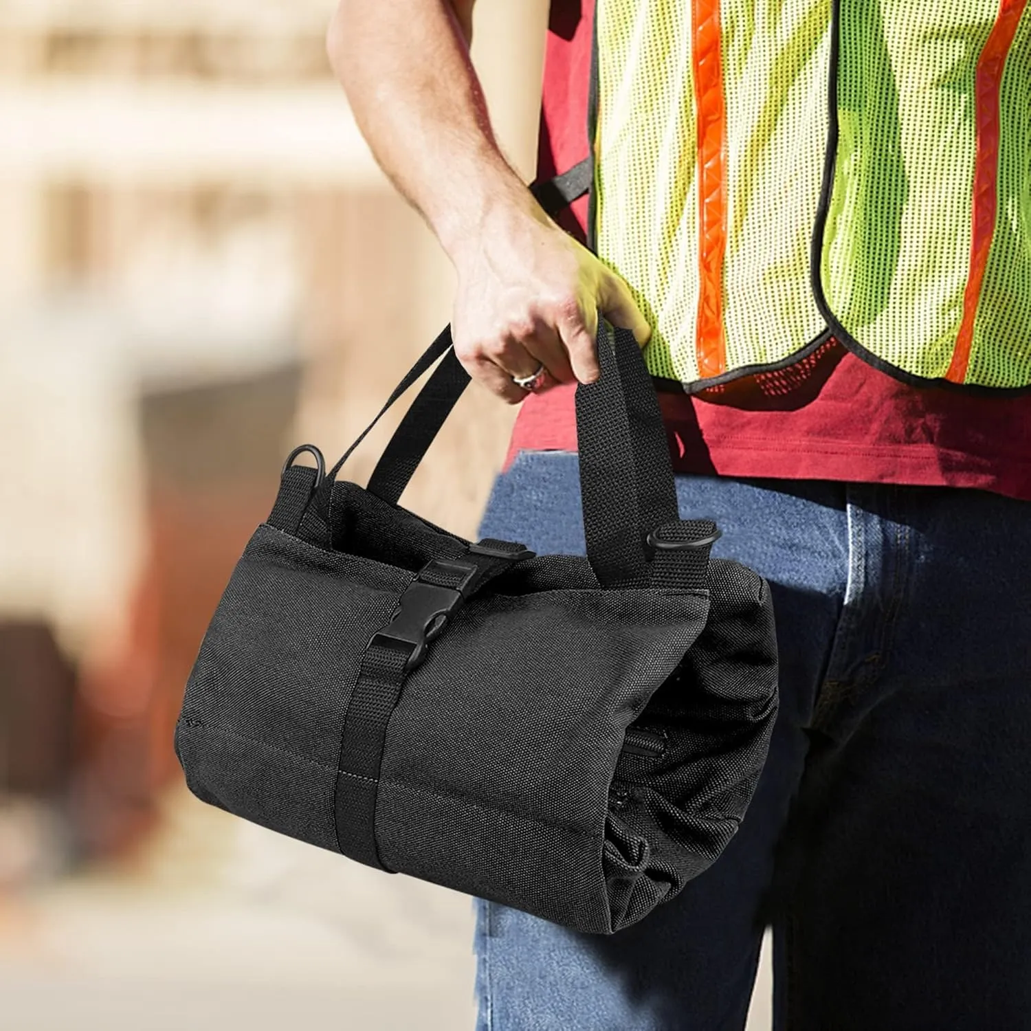 Roll Up Tool Bag, 16OZ Canvas Wrench Roll Up Pouch Multi-Purpose Tool Roll Organize, 5 Zippered Tool Pockets (Black)