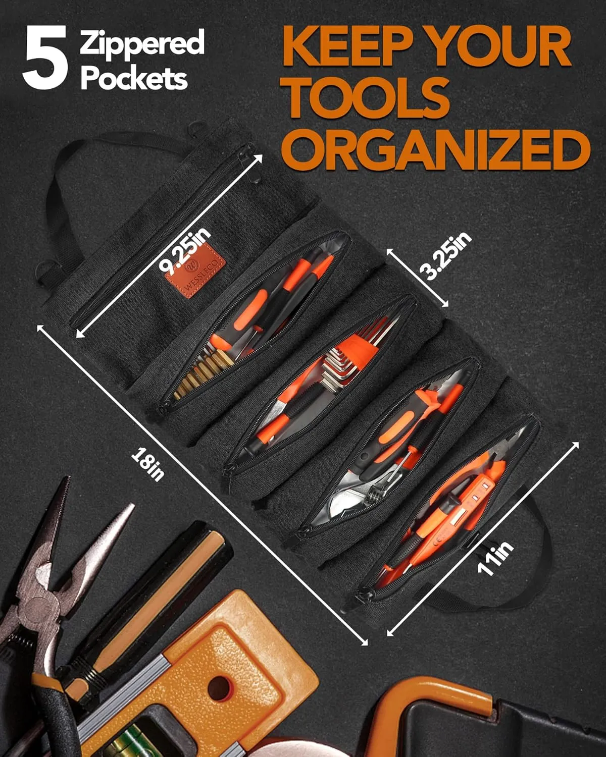 Roll Up Tool Bag, 16OZ Canvas Wrench Roll Up Pouch Multi-Purpose Tool Roll Organize, 5 Zippered Tool Pockets (Black)