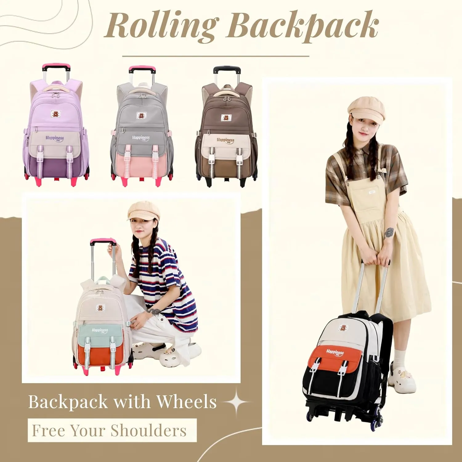 Rolling Backpack for Girls Elementary Middle School Bags, Girls Backpack for Kids with 6 Wheels, Black Orange