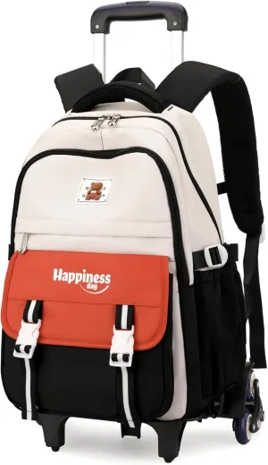 Rolling Backpack for Girls Elementary Middle School Bags, Girls Backpack for Kids with 6 Wheels, Black Orange