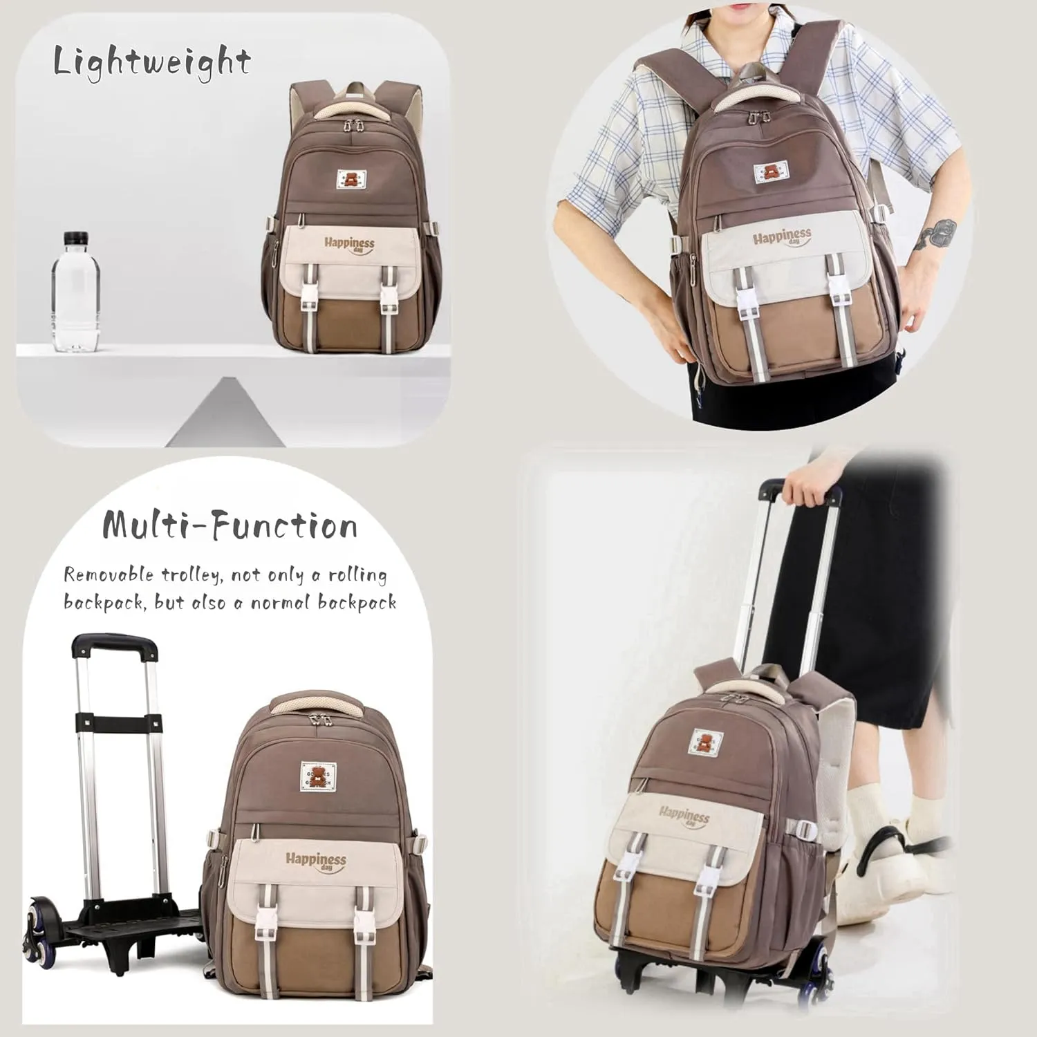 Rolling Backpack for Girls Elementary Middle School Bags, Girls Backpack for Kids with 6 Wheels, Black Orange