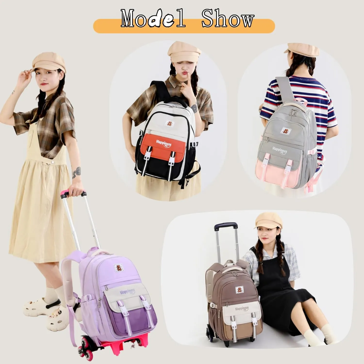 Rolling Backpack for Girls Elementary Middle School Bags, Girls Backpack for Kids with 6 Wheels, Black Orange