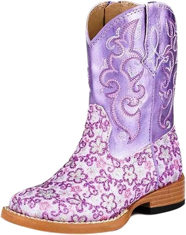 ROPER Tin Haul Toddler Girls Lavender Glitter Floral Square Toe Casual Boots Mid Calf - Purple