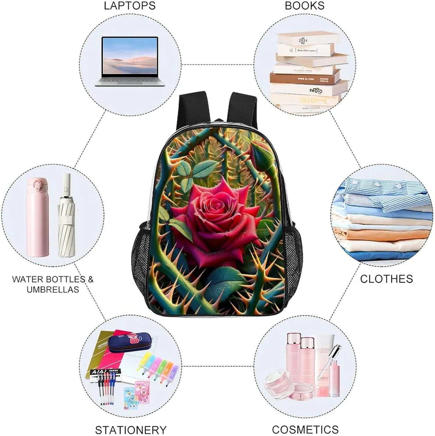 Rose Among Thorns Clear Backpack PVC Water Resistant Flower Valentine Day Hiking Business Travel Transparent Durable Daypack for Women Men 43x32x13cm