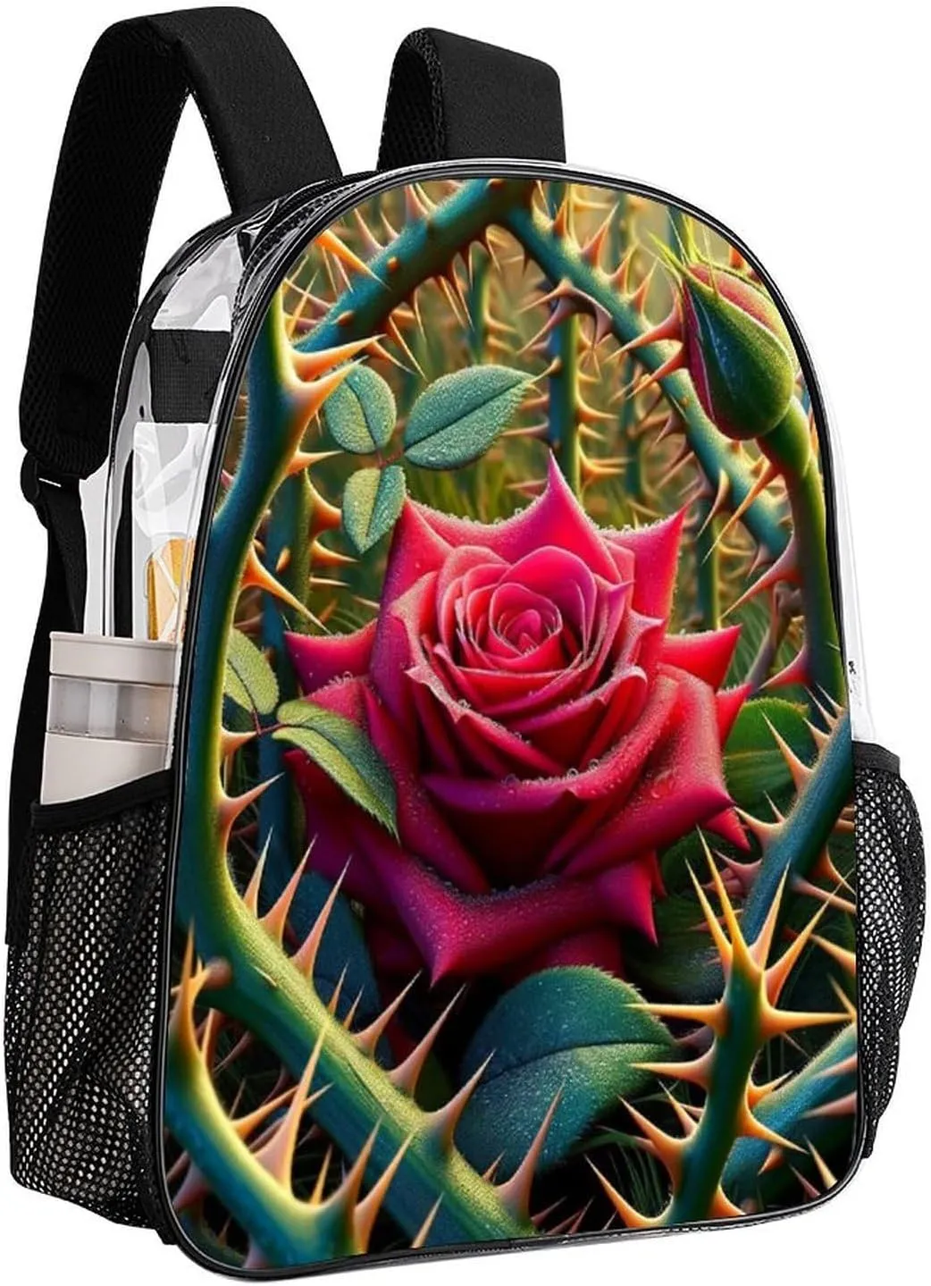 Rose Among Thorns Clear Backpack PVC Water Resistant Flower Valentine Day Hiking Business Travel Transparent Durable Daypack for Women Men 43x32x13cm