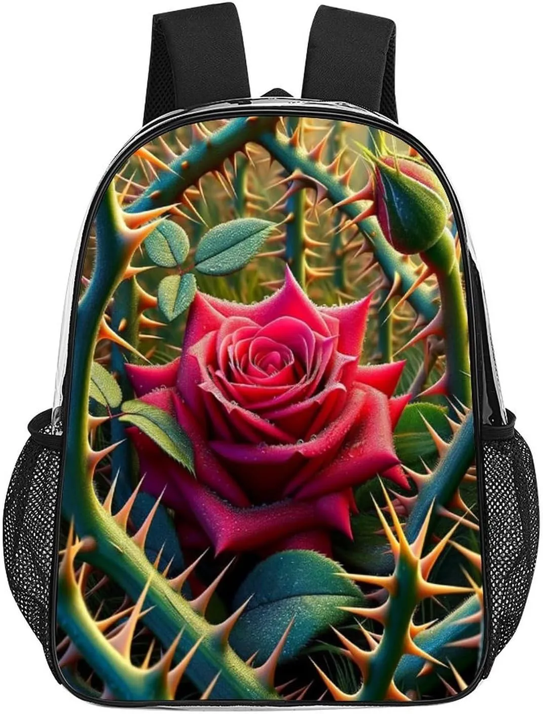 Rose Among Thorns Clear Backpack PVC Water Resistant Flower Valentine Day Hiking Business Travel Transparent Durable Daypack for Women Men 43x32x13cm