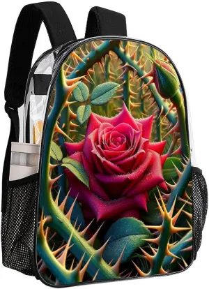 Rose Among Thorns Clear Backpack PVC Water Resistant Flower Valentine Day Hiking Business Travel Transparent Durable Daypack for Women Men 43x32x13cm
