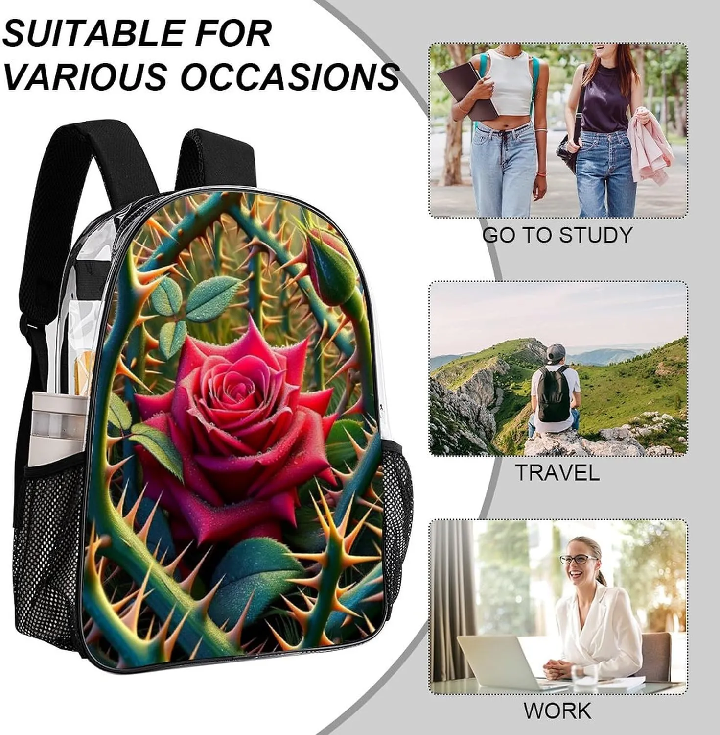 Rose Among Thorns Clear Backpack PVC Water Resistant Flower Valentine Day Hiking Business Travel Transparent Durable Daypack for Women Men 43x32x13cm