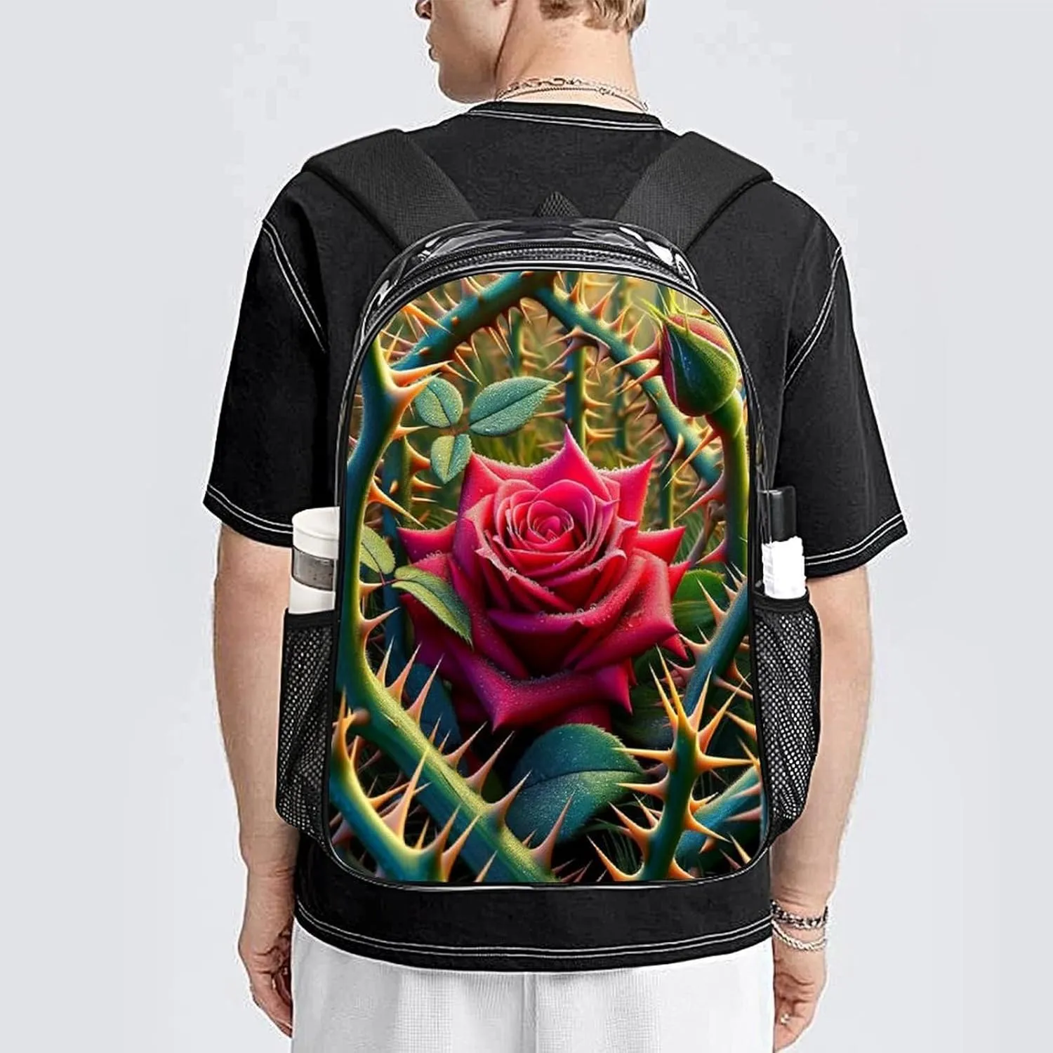 Rose Among Thorns Clear Backpack PVC Water Resistant Flower Valentine Day Hiking Business Travel Transparent Durable Daypack for Women Men 43x32x13cm