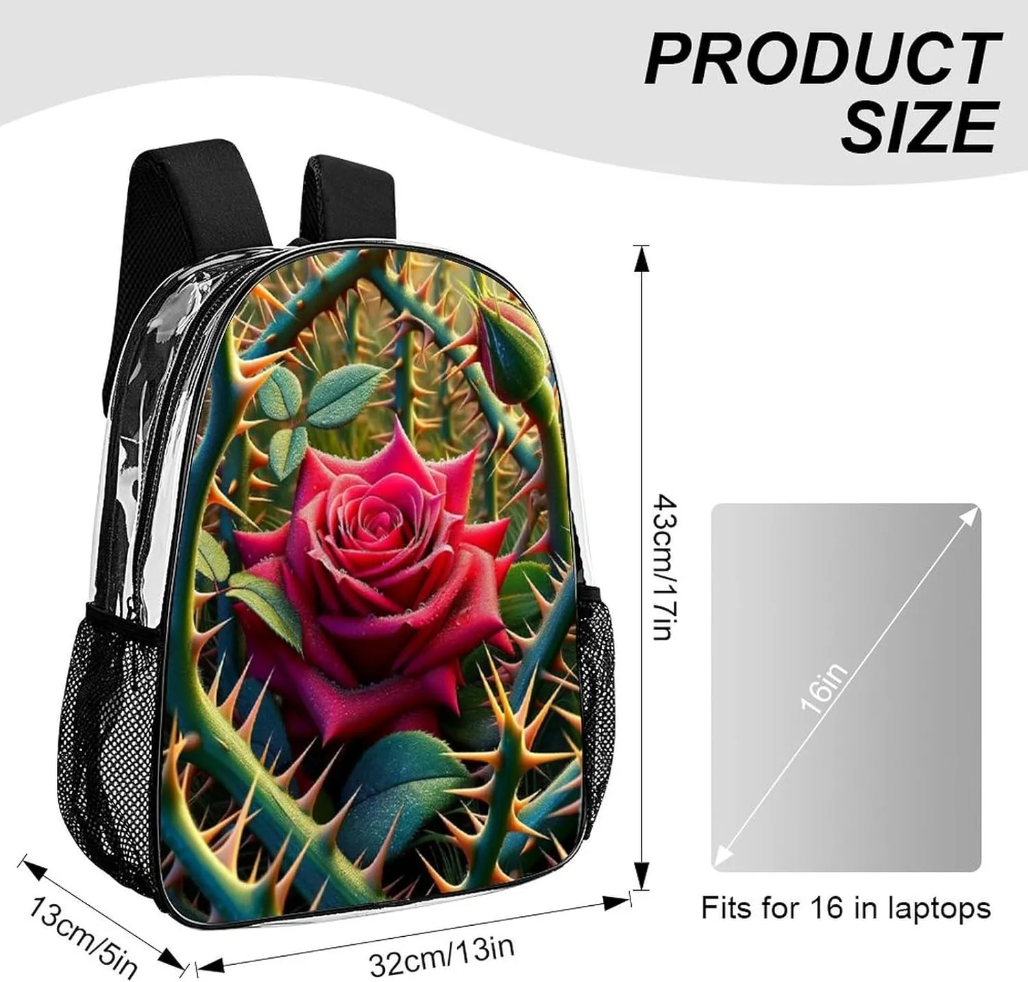 Rose Among Thorns Clear Backpack PVC Water Resistant Flower Valentine Day Hiking Business Travel Transparent Durable Daypack for Women Men 43x32x13cm