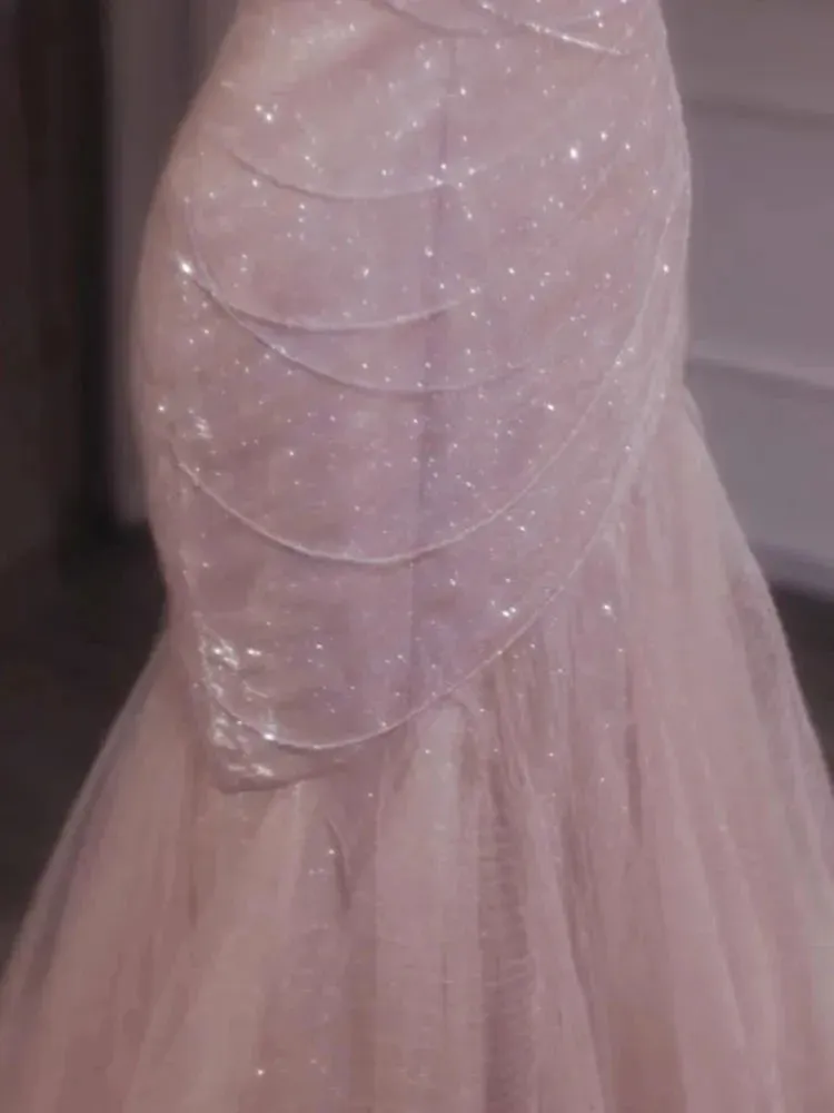 Rose Pink Mermaid Evening Dresses Pleat Asymmetry Chain Shiny Sequined Long Slim Fairy French Celebrity Prom Party Gowns Woman