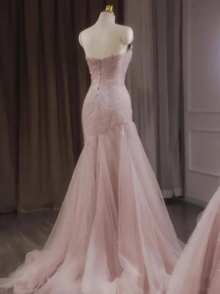 Rose Pink Mermaid Evening Dresses Pleat Asymmetry Chain Shiny Sequined Long Slim Fairy French Celebrity Prom Party Gowns Woman