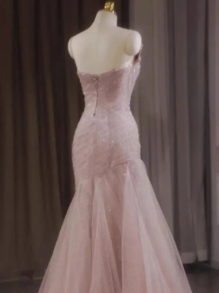 Rose Pink Mermaid Evening Dresses Pleat Asymmetry Chain Shiny Sequined Long Slim Fairy French Celebrity Prom Party Gowns Woman