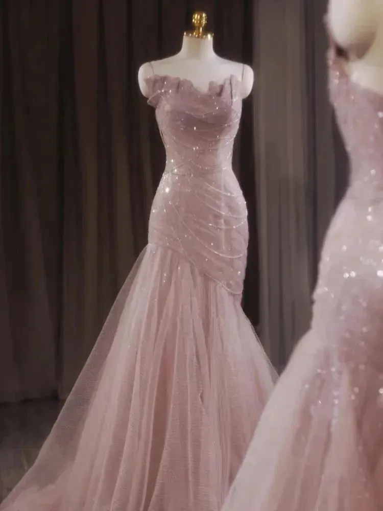Rose Pink Mermaid Evening Dresses Pleat Asymmetry Chain Shiny Sequined Long Slim Fairy French Celebrity Prom Party Gowns Woman