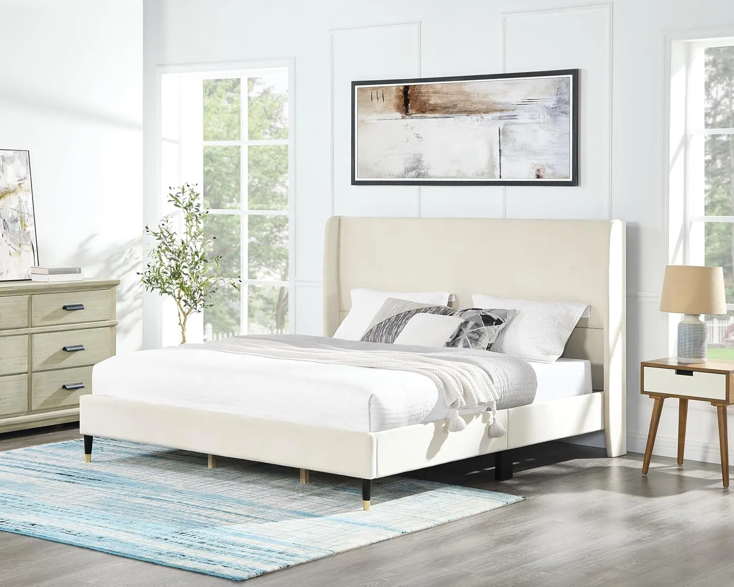 Roundhill Furniture Rozitta Beige Velvet Wingback Platform Bed, King
