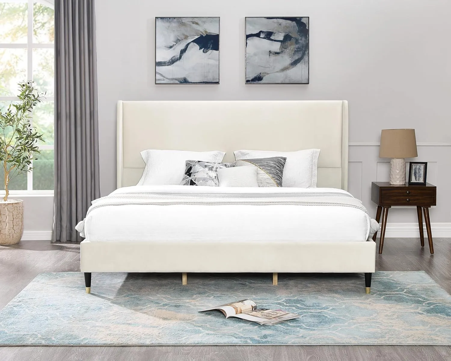 Roundhill Furniture Rozitta Beige Velvet Wingback Platform Bed, King