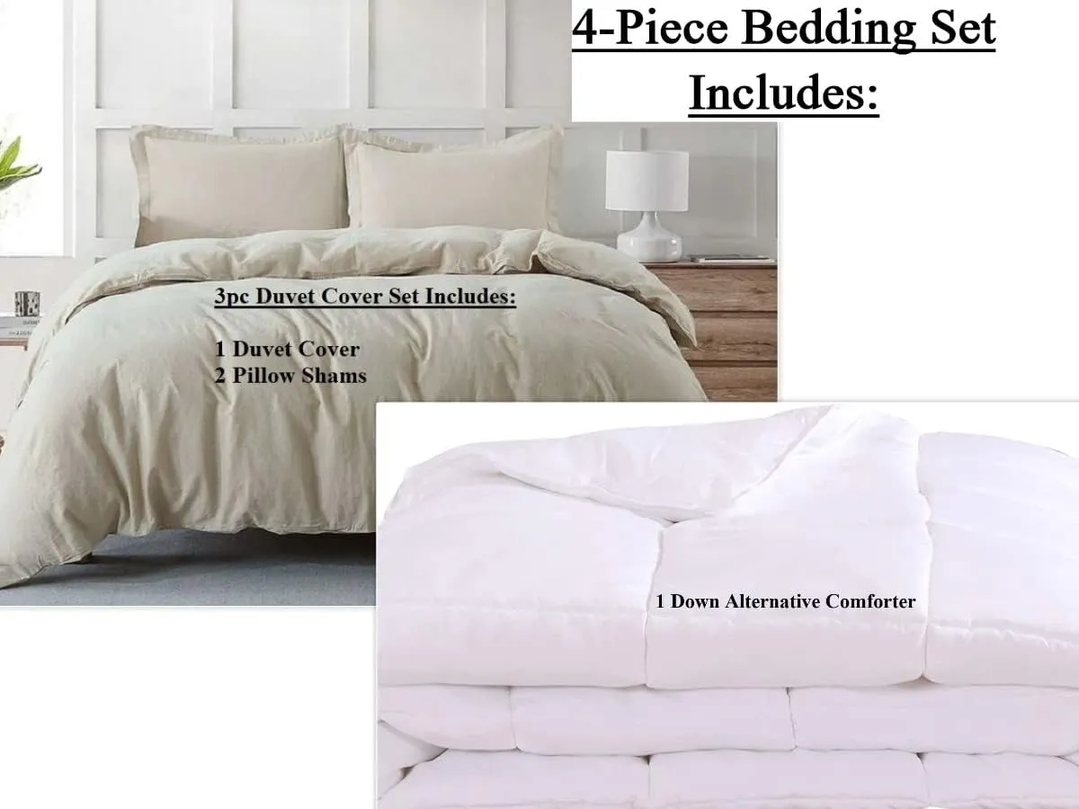 Royal Tradition Belgian Flax Linen-Cotton Blend Medium Warmth 4PC Bedding Set Includes: Duvet Cover Set with Down Alternative Comforter, (King/Calking, Linen)